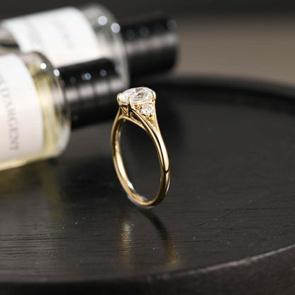 Solid Gold Three Stone Oval Moissanite Engagement Ring, Anniversary Gift Birthday Gift for Women