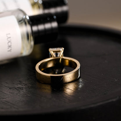 Solid Gold Emerald Cut Moissanite Engagement Ring, 4mm Wide Band Solitaire Ring, Gift for Her