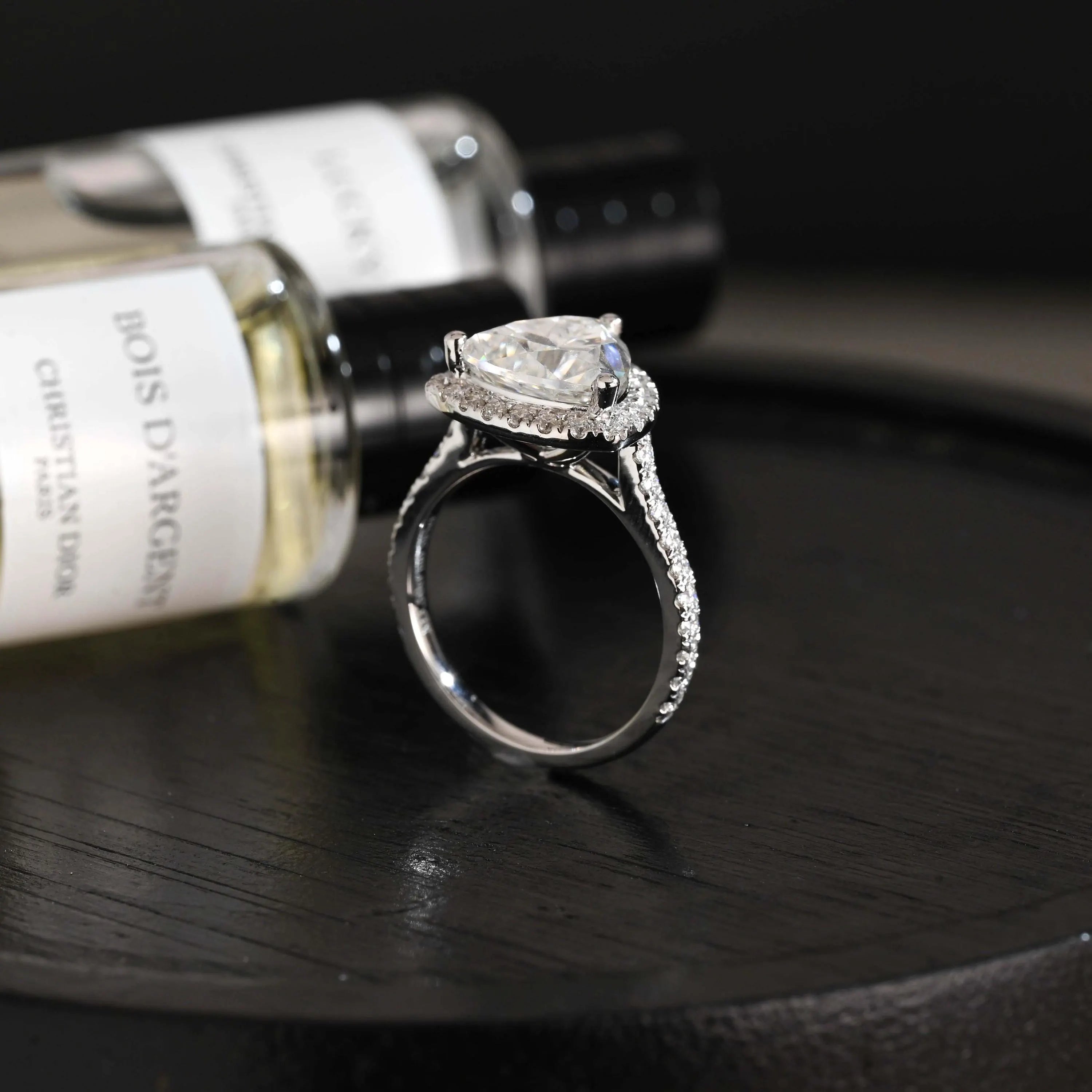 Trilliant Cut Moissanite Engagement Ring, Halo Pave Cathedral Trilliant Cut Wedding Ring