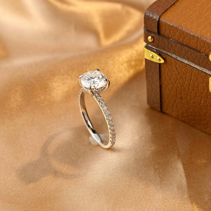 Half Pave Solid Gold Round Cut Moissanite Engagement Ring, Hidden Halo Round Cut Wedding Ring