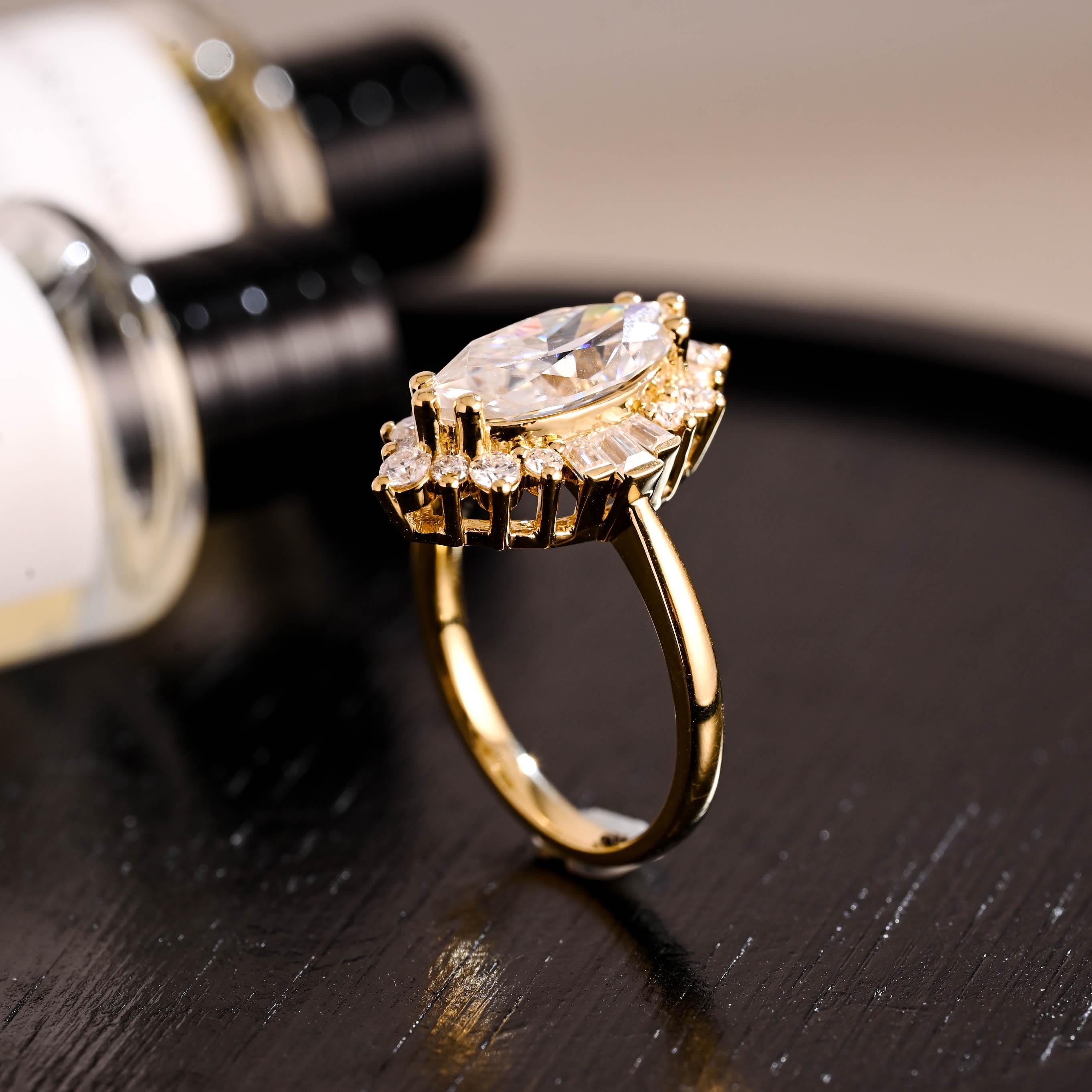 Starburst Marquise Moissanite Engagement Ring, Solid Gold Promise Ring