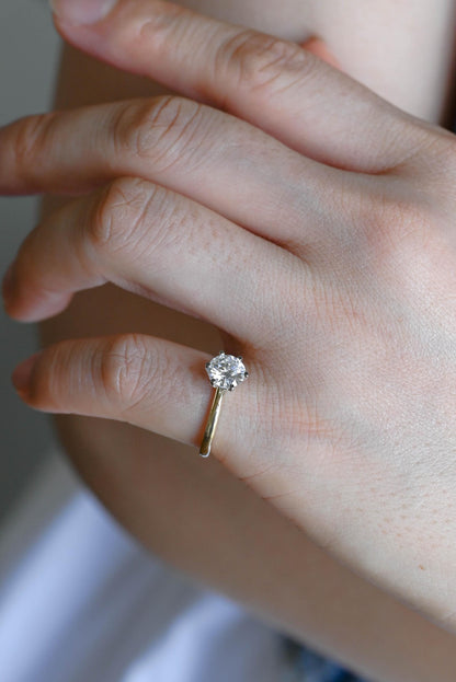 Solid Gold Two Tone Round Moissanite Engagement Ring, Solitaire Ring