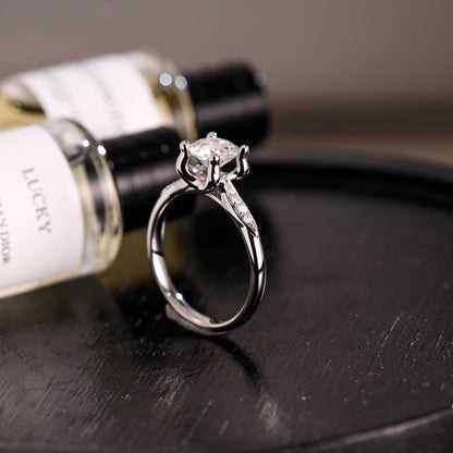 Solid Gold Round Cut Moissanite Engagement Ring, Anniversary Gift Birthday Gift for Women Wife