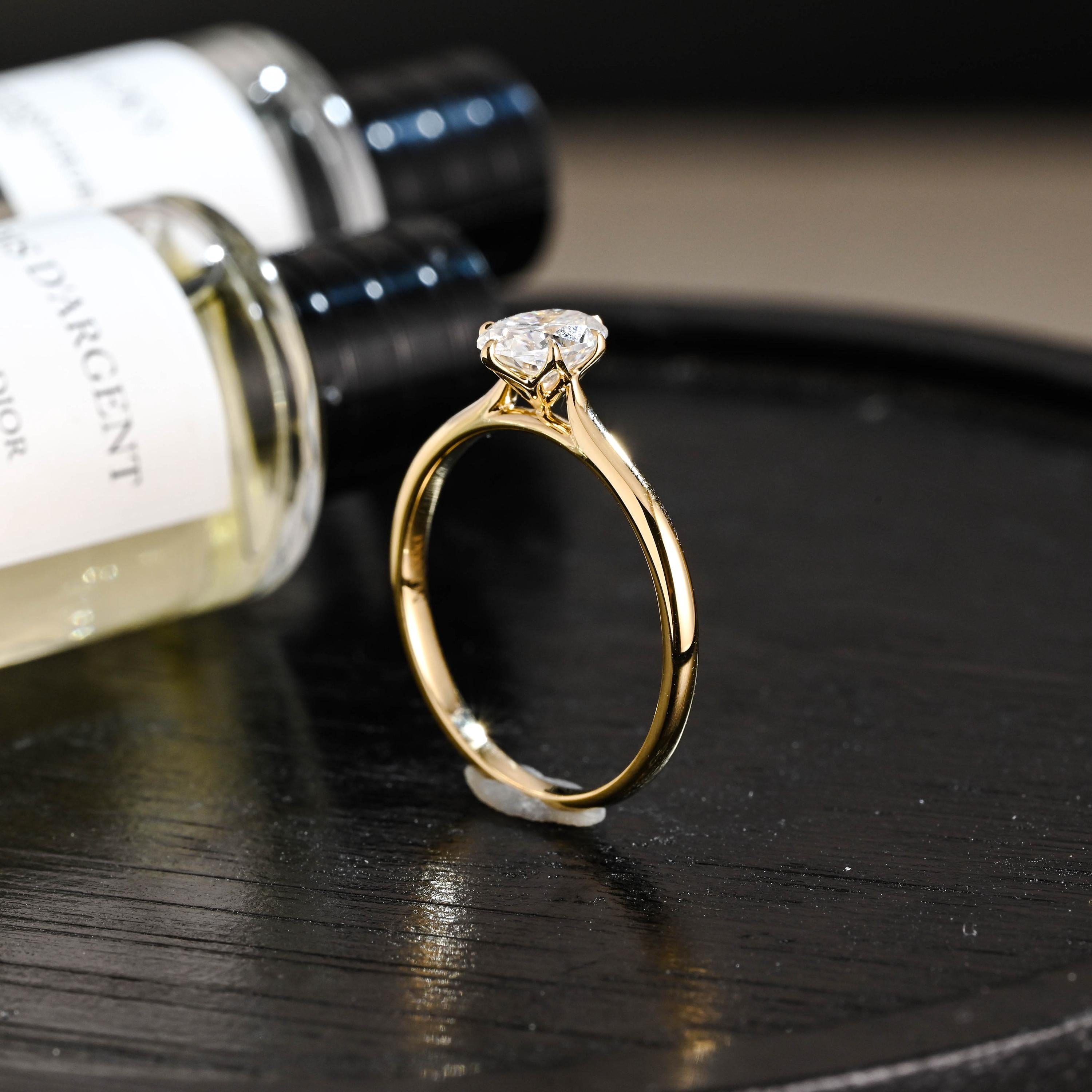 Solid Gold Oval Cut Moissanite Engagement Ring, Tulip Proposal Ring