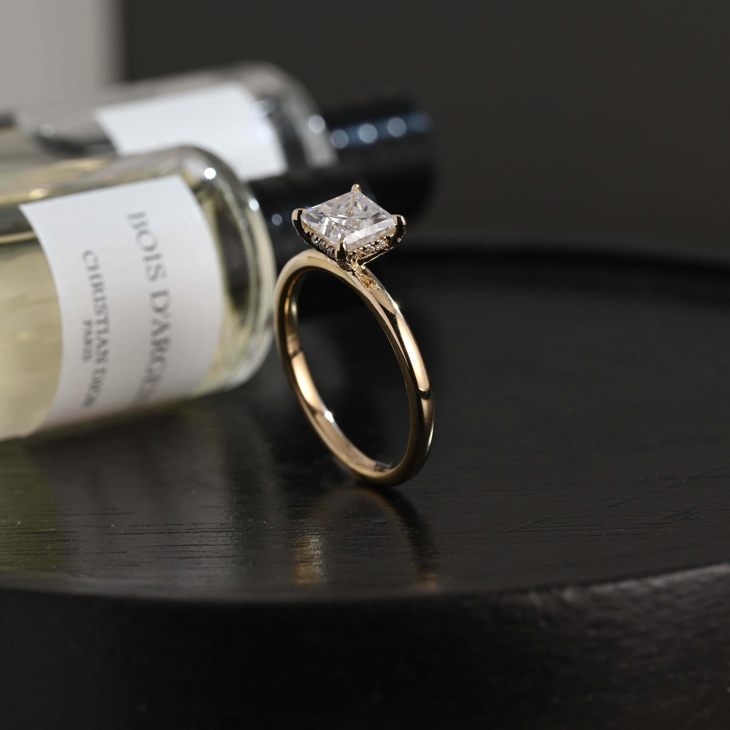 Solid Gold Princess Cut Moissanite Engagement Ring, Classic Low Setting Anniversary Ring for Women