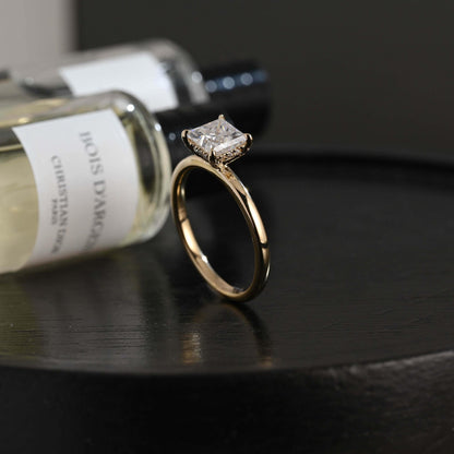 Solid Gold Princess Cut Moissanite Engagement Ring, Classic Low Setting Anniversary Ring for Women