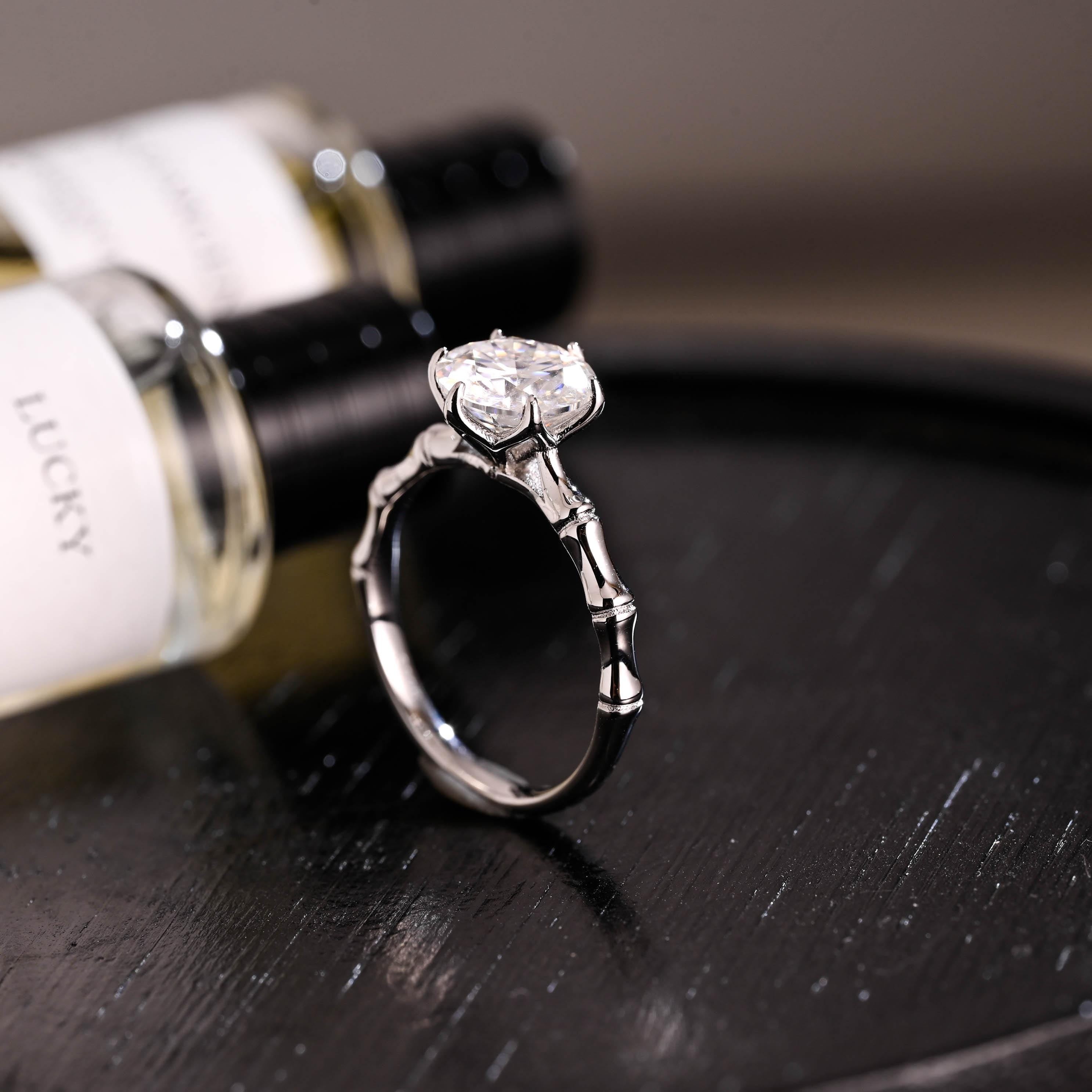 Solid Gold Tulip Prong Setting Round Cut Moissanite Engagement Ring, Bamboo Style Ring Band Wedding Ring