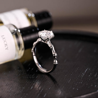Solid Gold Tulip Prong Setting Round Cut Moissanite Engagement Ring, Bamboo Style Ring Band Wedding Ring