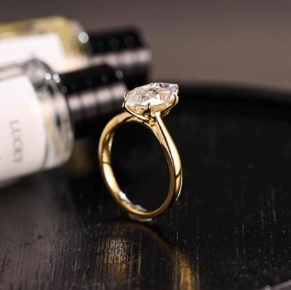 Tulip Set Solitaire Marquise Cut Moissanite Engagement Ring, Solid Gold Cathedral Setting Ring