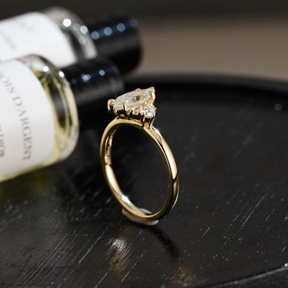 Solid Gold Marquise Moissanite Engagement Ring, Side Cluster Ring, Anniversary Gift