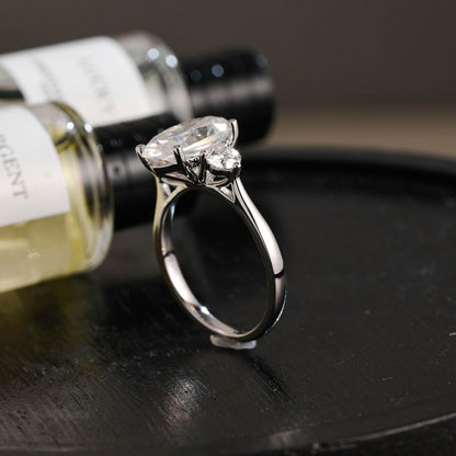 Solid Gold Three Stone Oval Moissanite Engagement Ring, Anniversary Gift Birthday Gift for Women