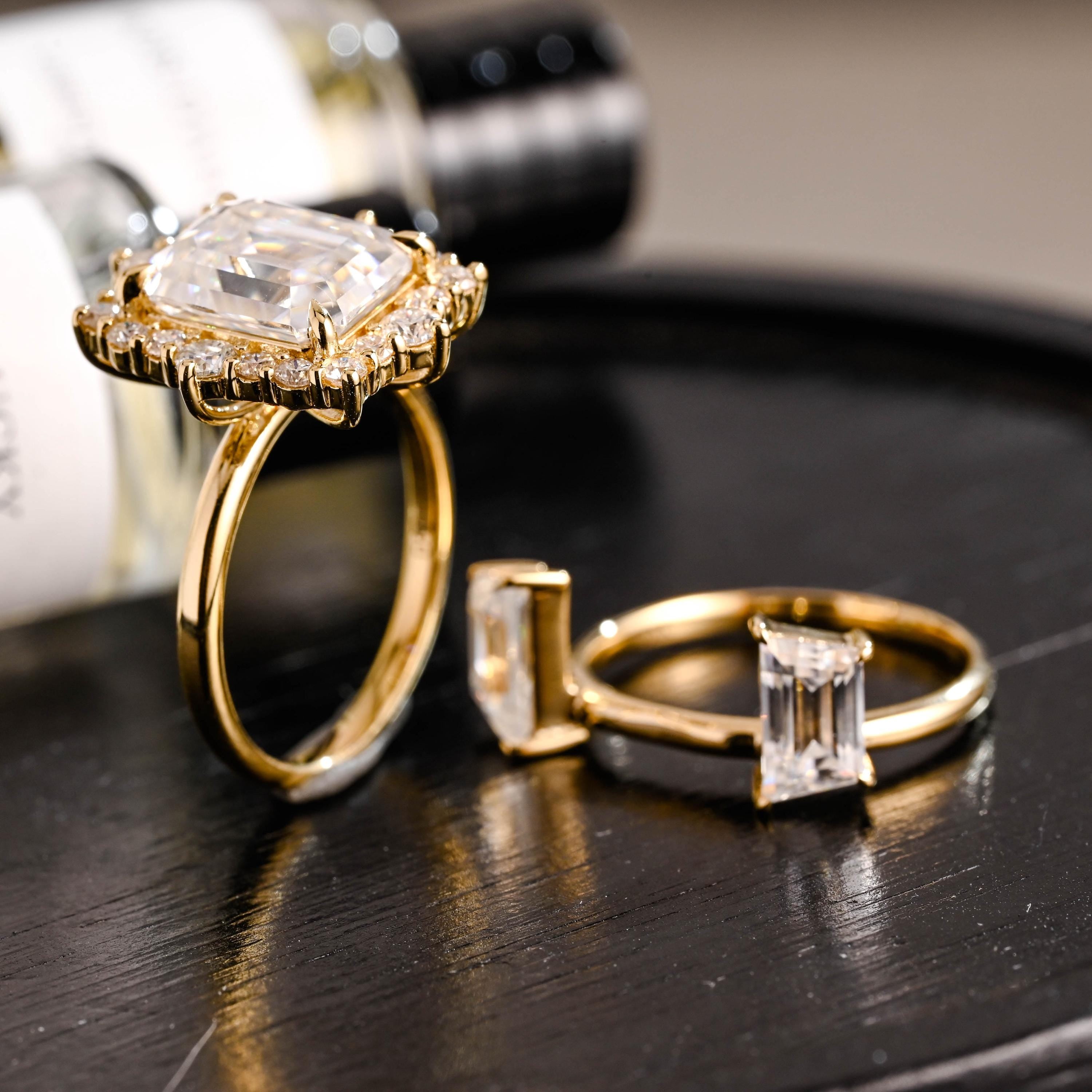 Solid Gold Emerald Cut Moissanite Engagement Ring Set, Bridal Set, Trapezoid Cut Wedding Band