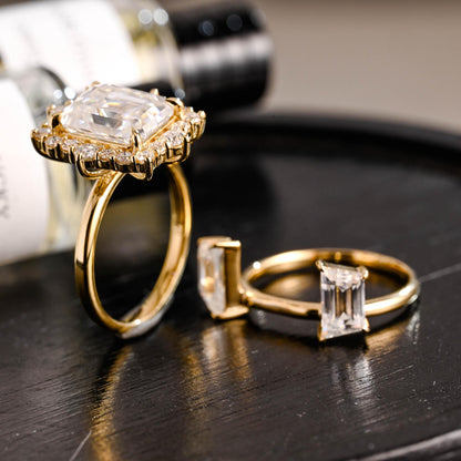 Solid Gold Emerald Cut Moissanite Engagement Ring Set, Bridal Set, Trapezoid Cut Wedding Band
