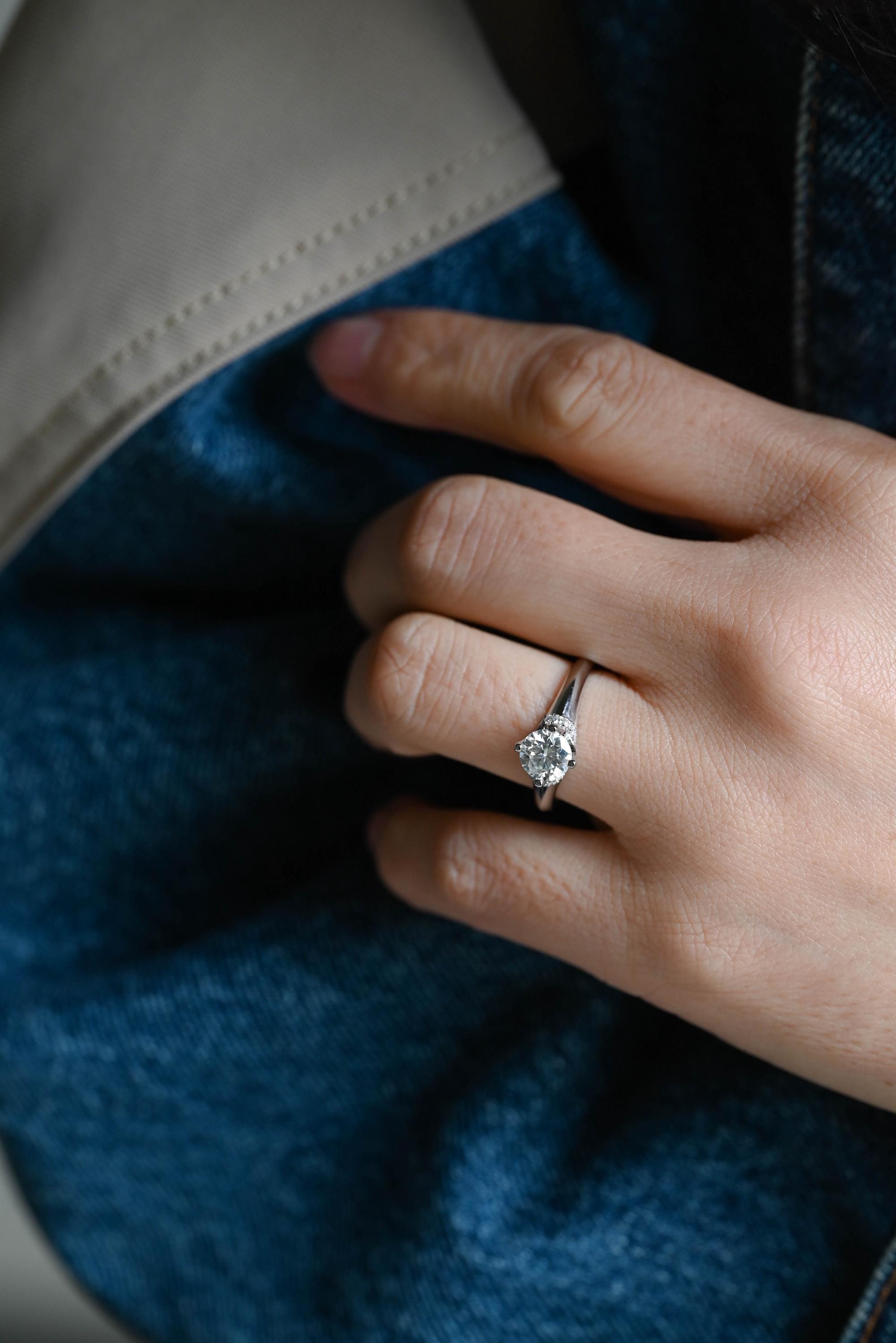 Solid Gold Round Cut Moissanite Engagement Ring, Anniversary Gift Birthday Gift for Women Wife
