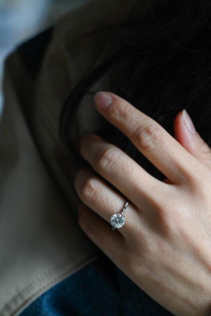 Solid Gold Tulip Prong Setting Round Cut Moissanite Engagement Ring, Bamboo Style Ring Band Wedding Ring