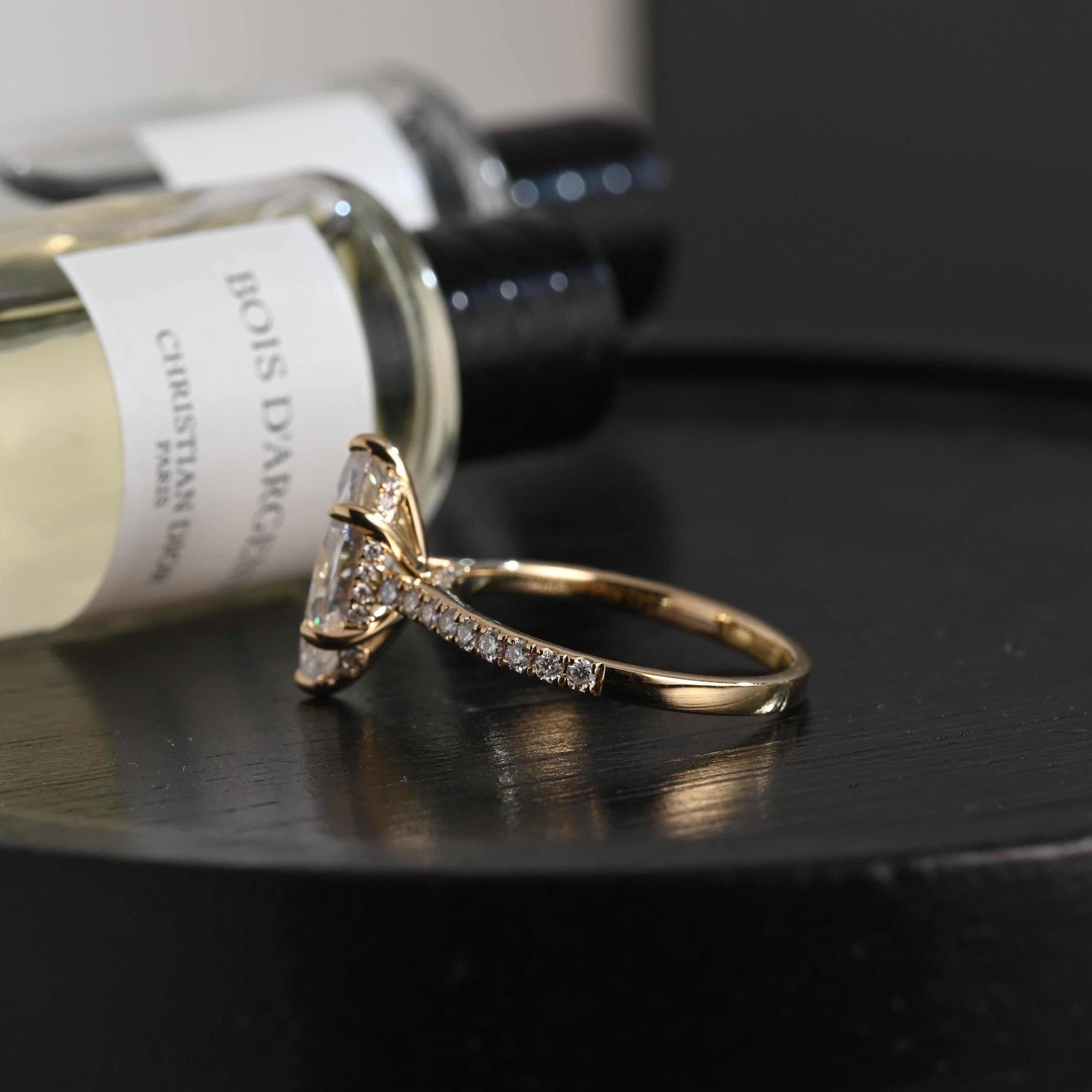 Solid Gold Marquise Cut Moissanite Engagement Ring, Pave Hidden Halo Wedding Ring