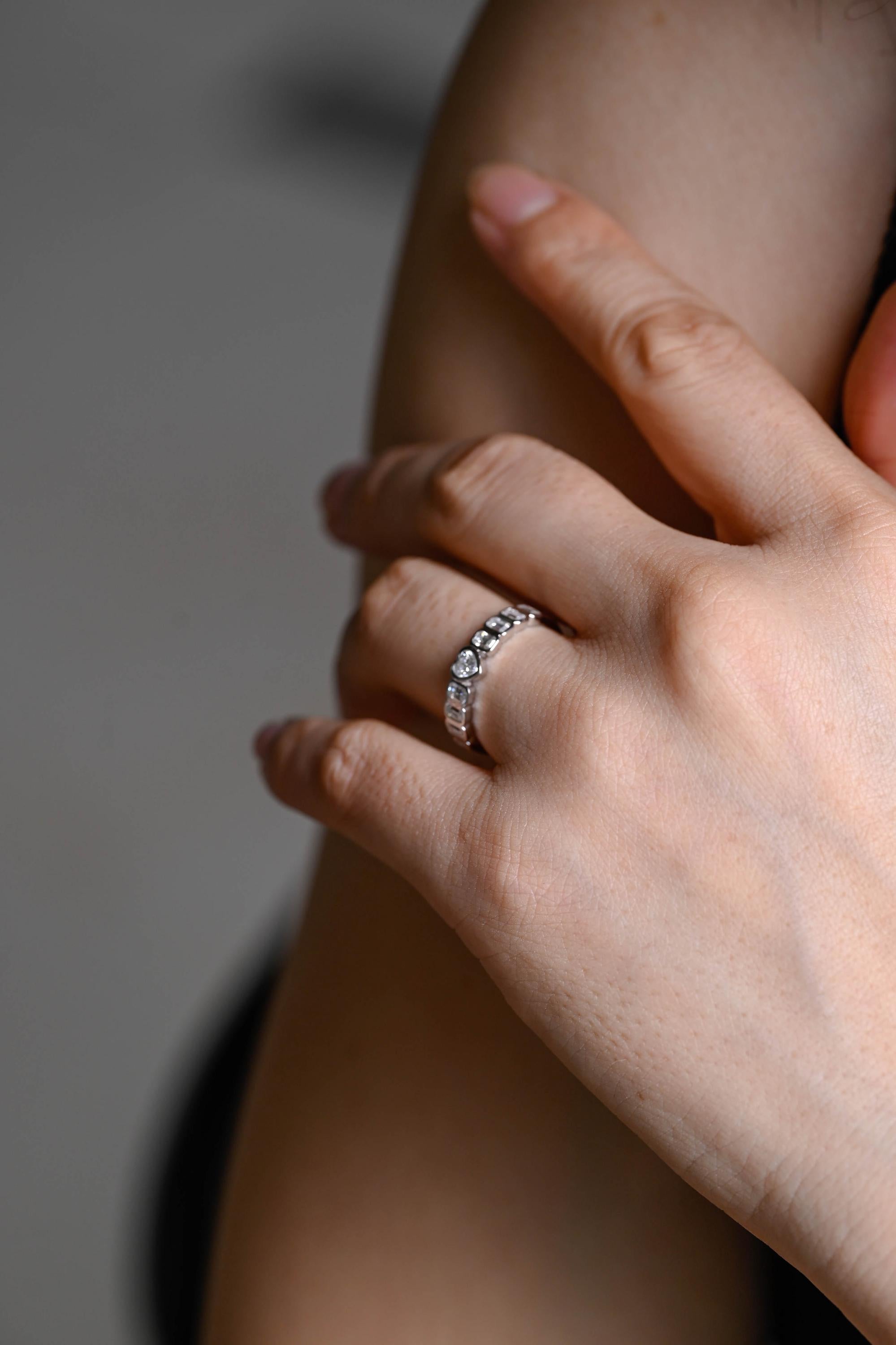 Solid Gold Heart & Emerald Cut Moissanite Wedding Band, Anniversary Gift