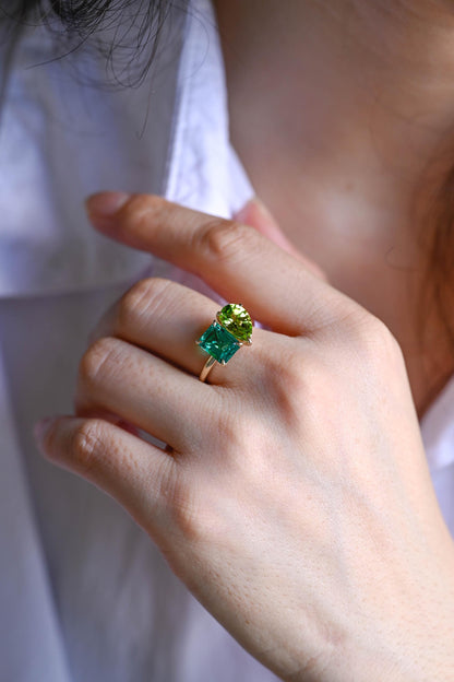 Solid Gold Toi et Moi Ring, Pear Cut Peridot & Lab Grown Emerald Engagement Ring