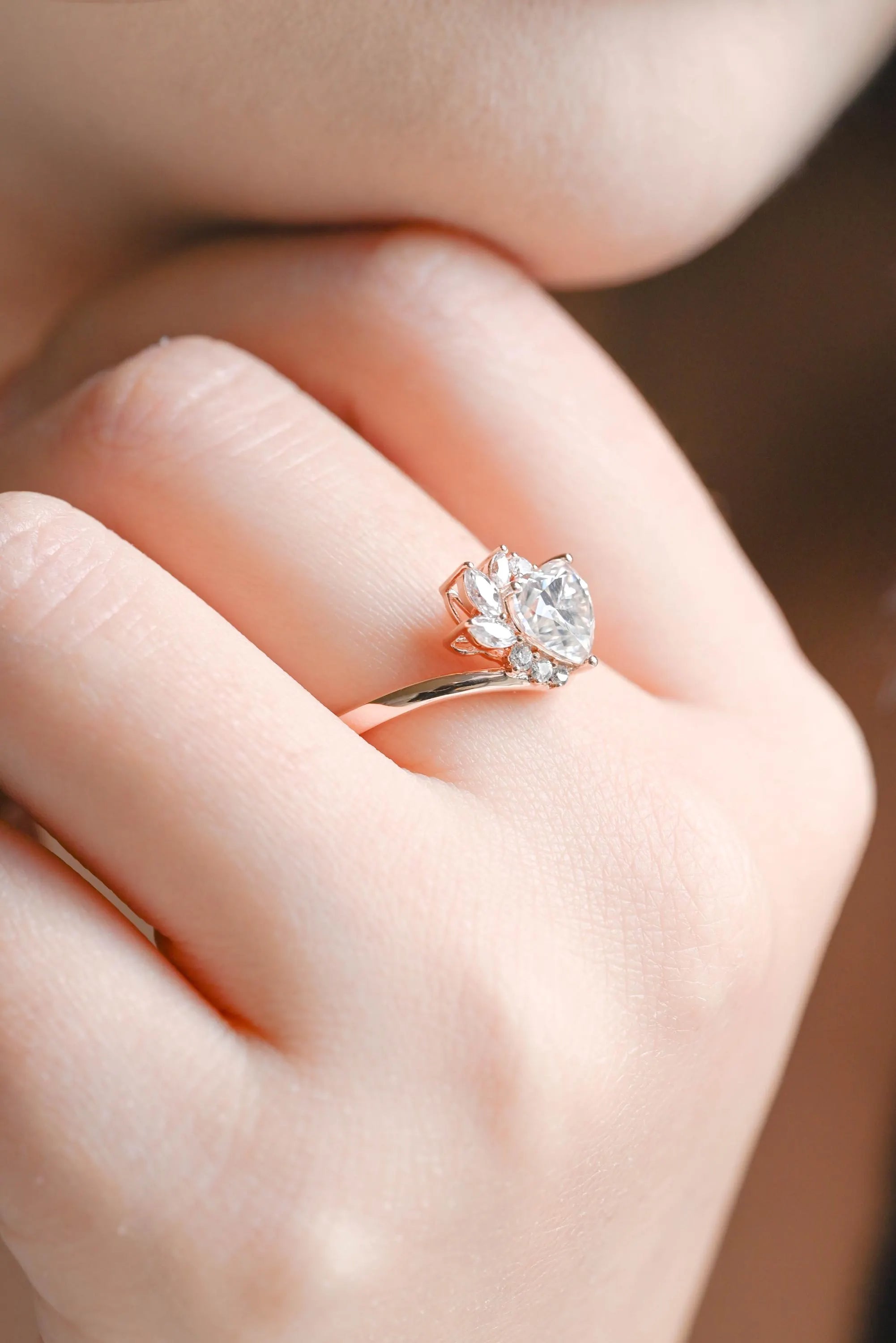 Solid Gold Heart Moissanite Engagement Ring, Marquise Promise Ring, Anniversary Gift Birthday Gift for Women