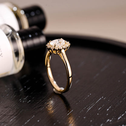 Solid Gold Starburst Oval Cut Moissanite Engagement Ring, Halo Wedding Ring
