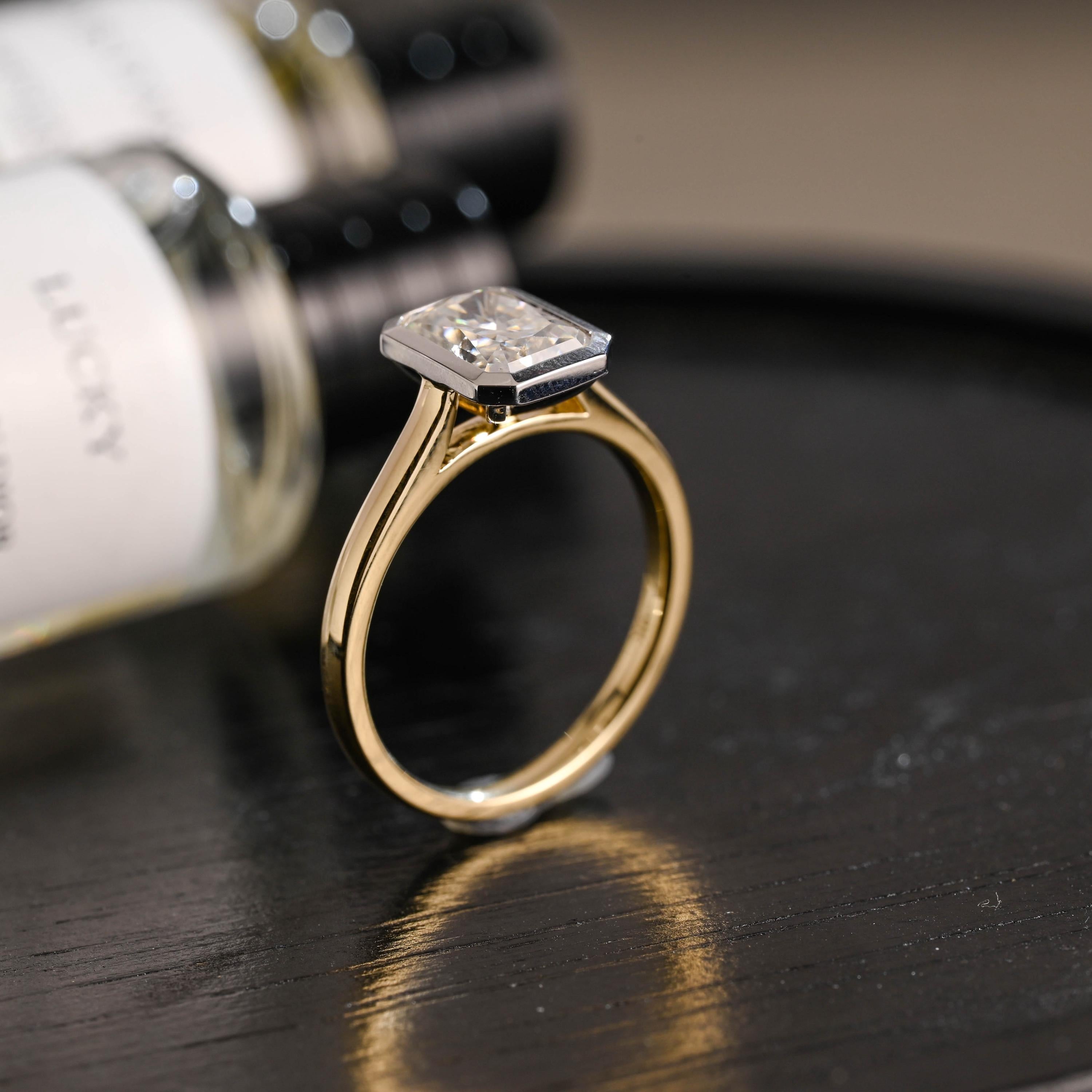 Solid Gold Two Tone Radiant Moissanite Engagement Ring, Anniversary Gift Birthday Gift for Women