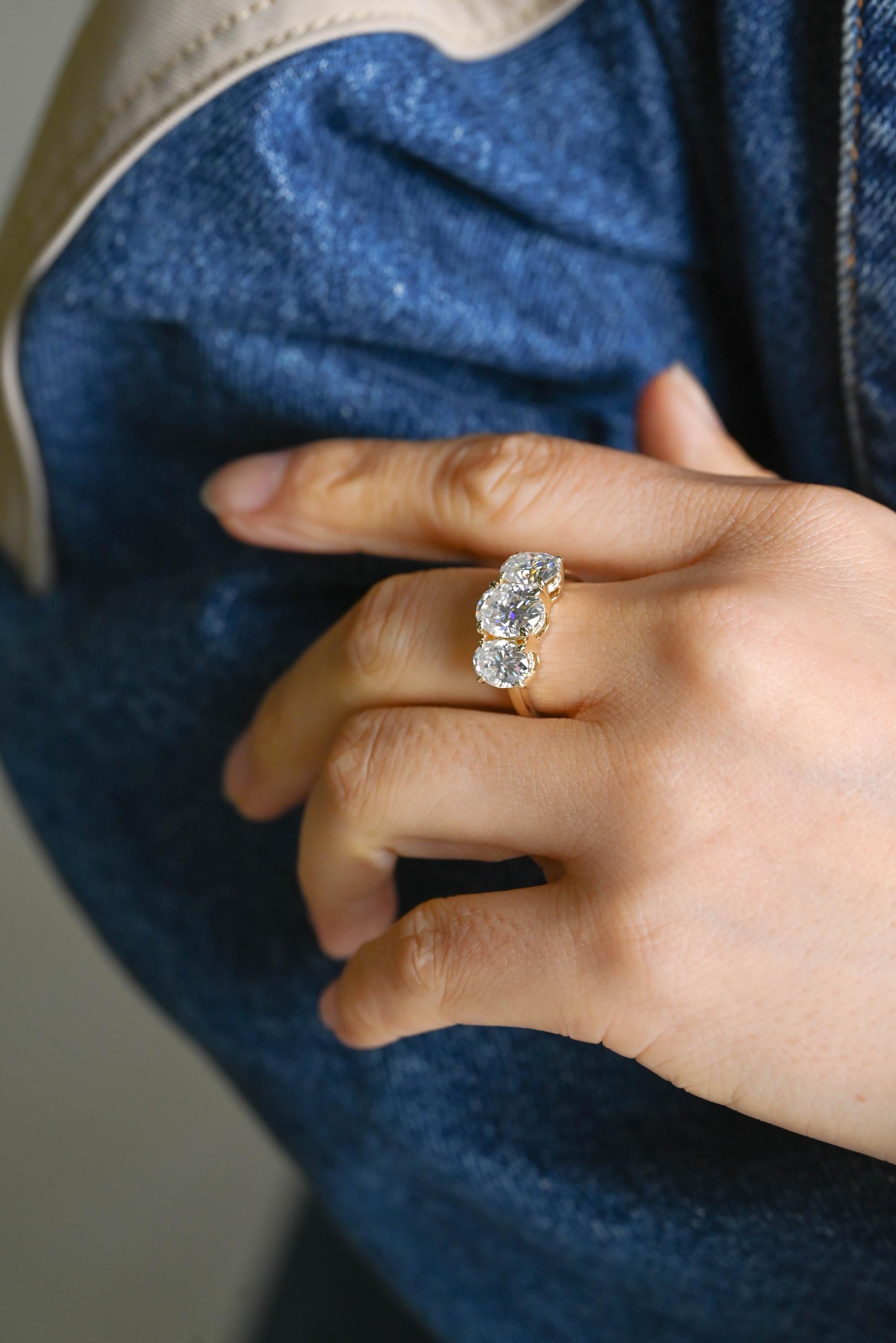 Solid Gold Hidden Halo Three Stone Oval Cut Moissanite Engagement Ring