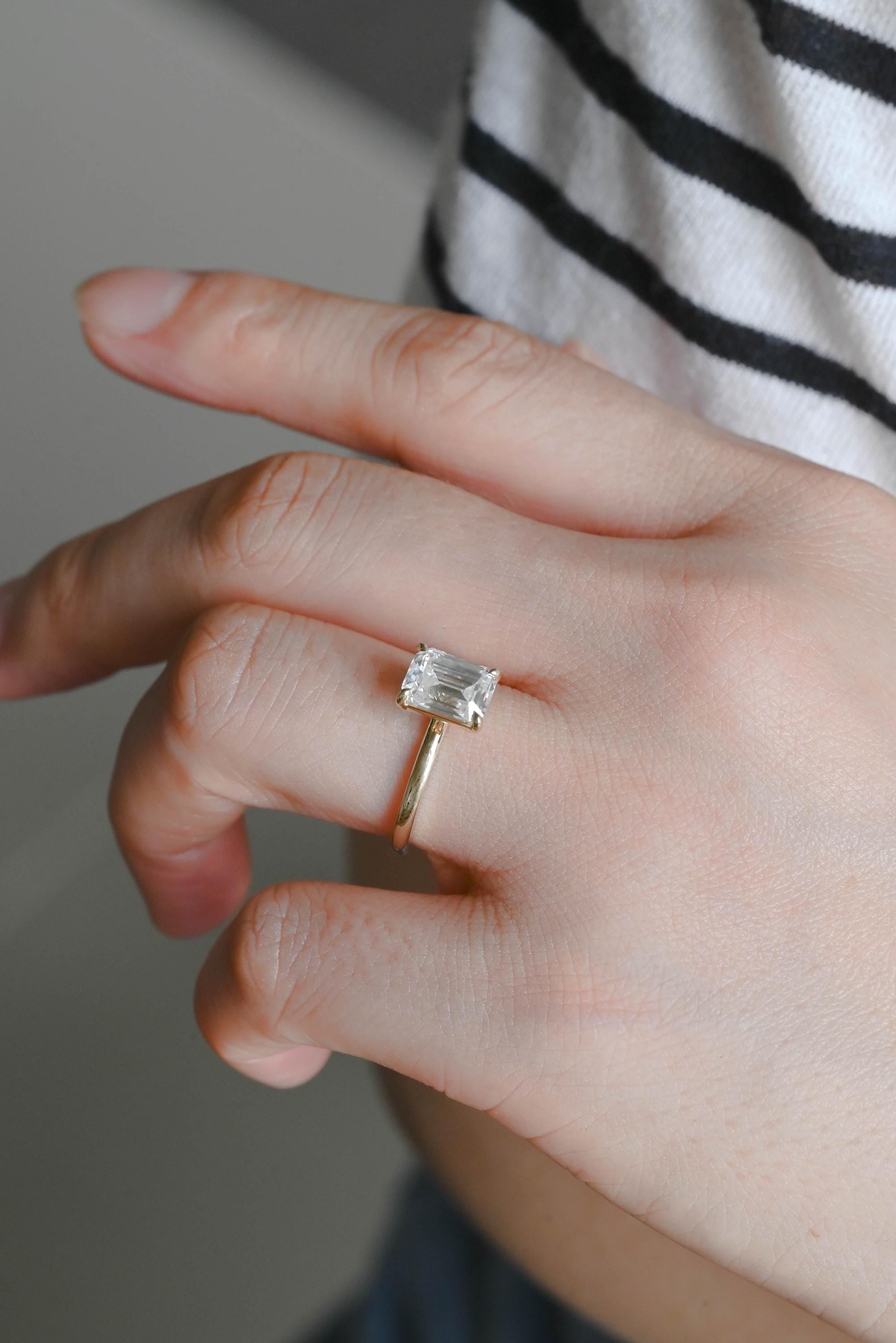 Solid Gold Emerald Cut Moissanite Engagement Ring, Solitaire Emerald Cut Anniversary Ring for Women
