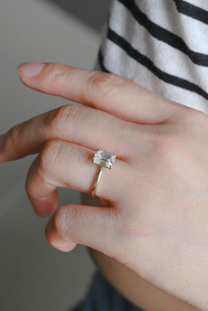 Solid Gold Emerald Cut Moissanite Engagement Ring, Solitaire Emerald Cut Anniversary Ring for Women