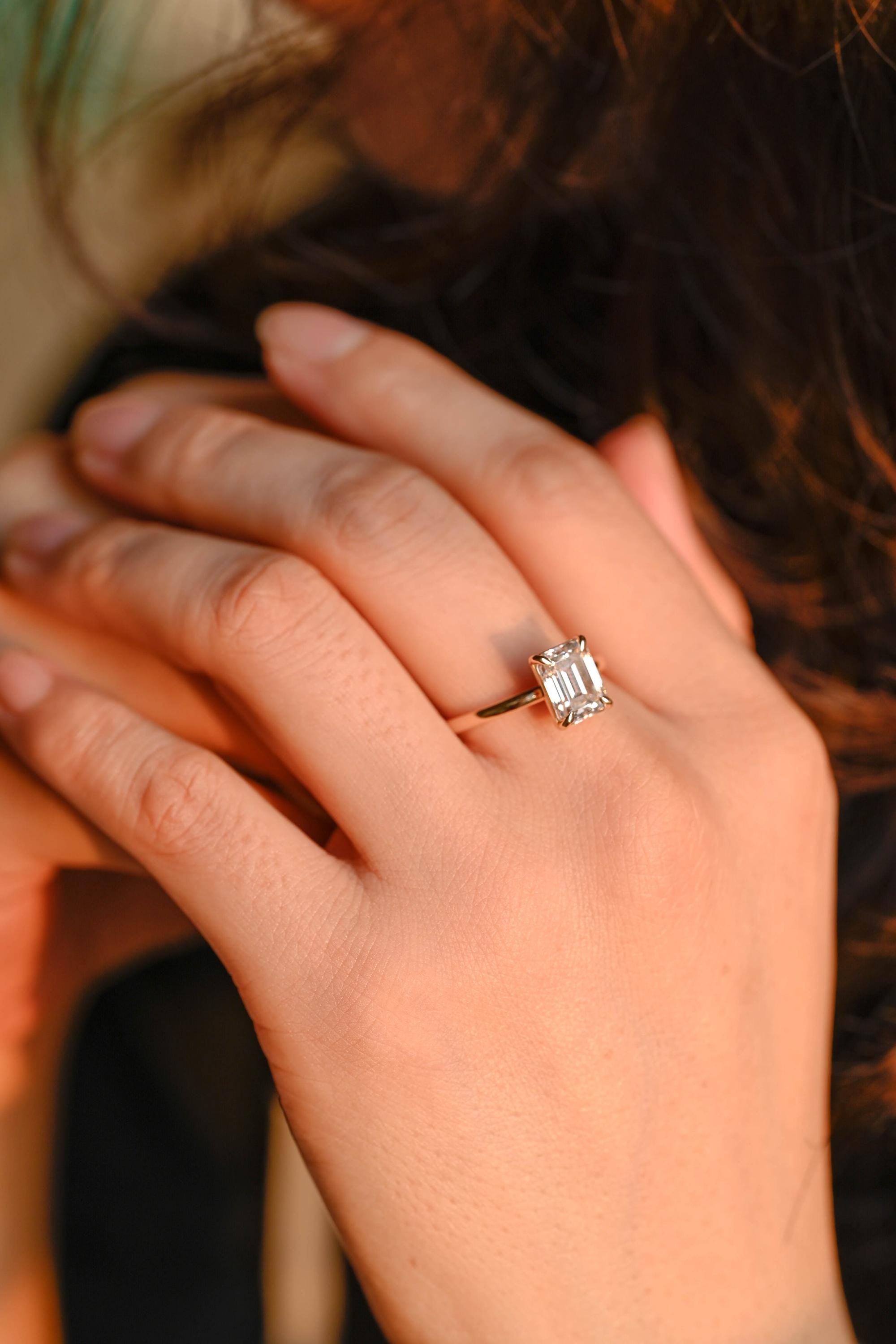 Solid Gold Solitaire Emerald Cut Moissanite Engagement Ring, Moissanite Promise Ring