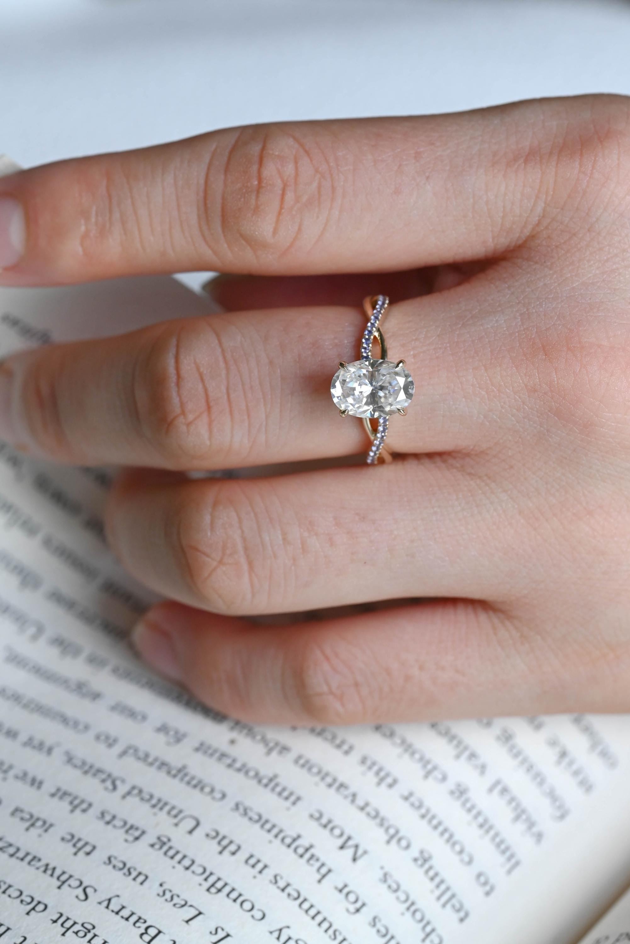 Solid Gold Oval Cut Moissanite Engagement Ring, Twisted Proposal Ring