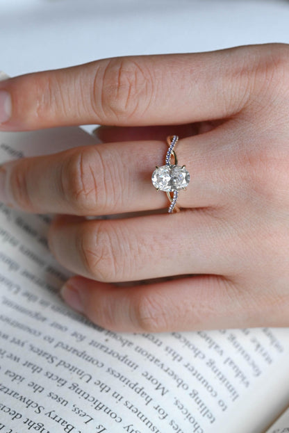 Solid Gold Oval Cut Moissanite Engagement Ring, Twisted Proposal Ring