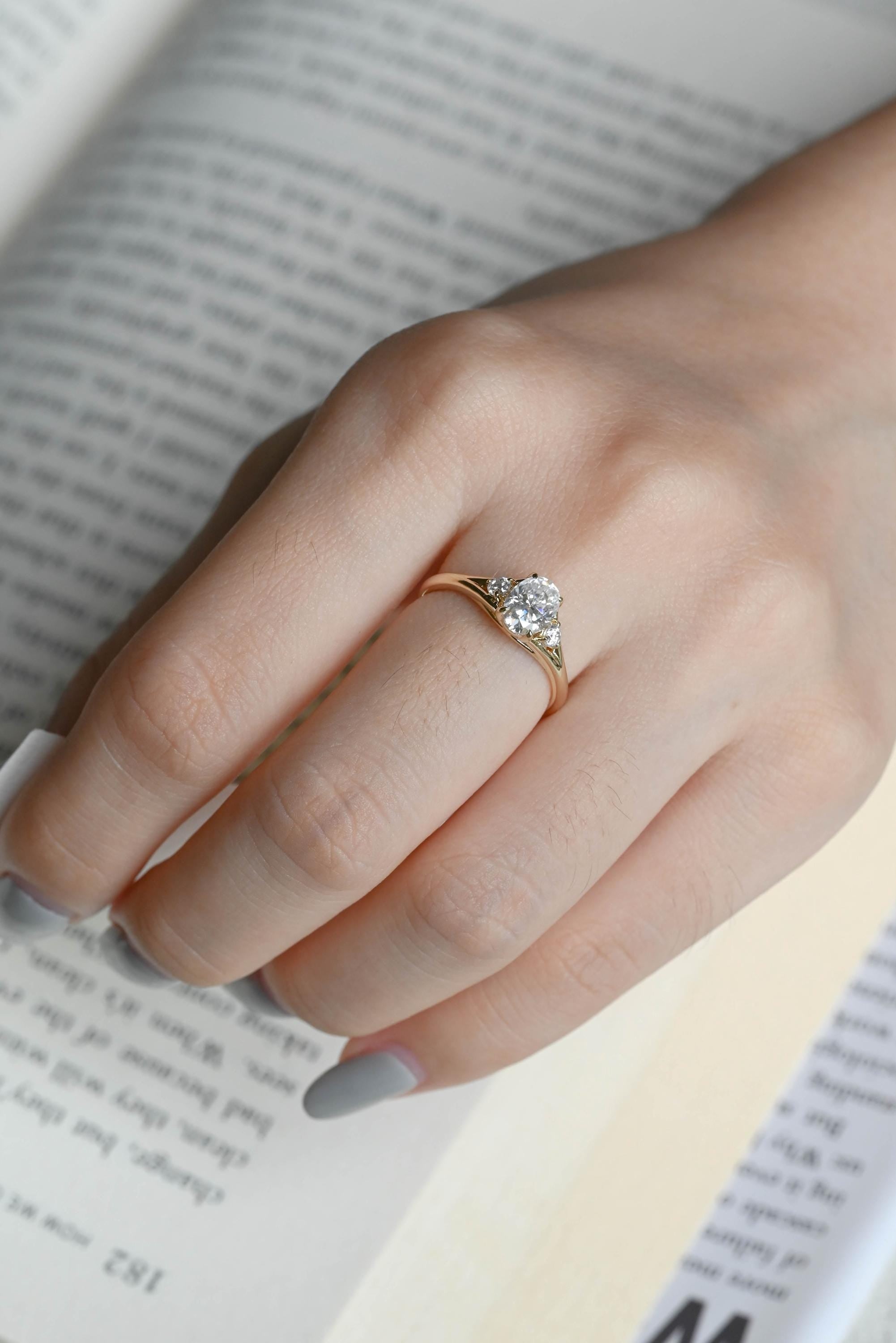 Solid Gold Three Stone Oval Moissanite Engagement Ring, Anniversary Gift Birthday Gift for Women