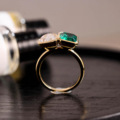 Bezel Toi et Moi Engagement Ring, Lab Grown Emerald Ring, Solid Gold Pear Cut Moissanite Wedding Ring