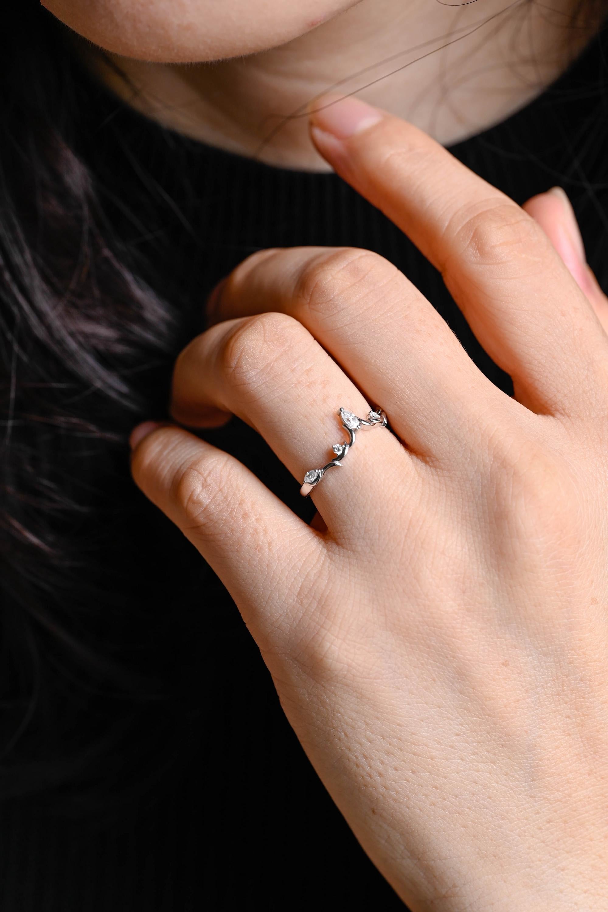 Solid Gold Marquise Moissanite Wedding Band, Anniversary Ring