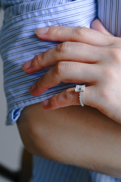Solid Gold Half Eternity Emerald Cut Moissanite Engagement Ring, Proposal Ring, Round Promise Ring, Wedding Ring, Anniversary Gift for Women