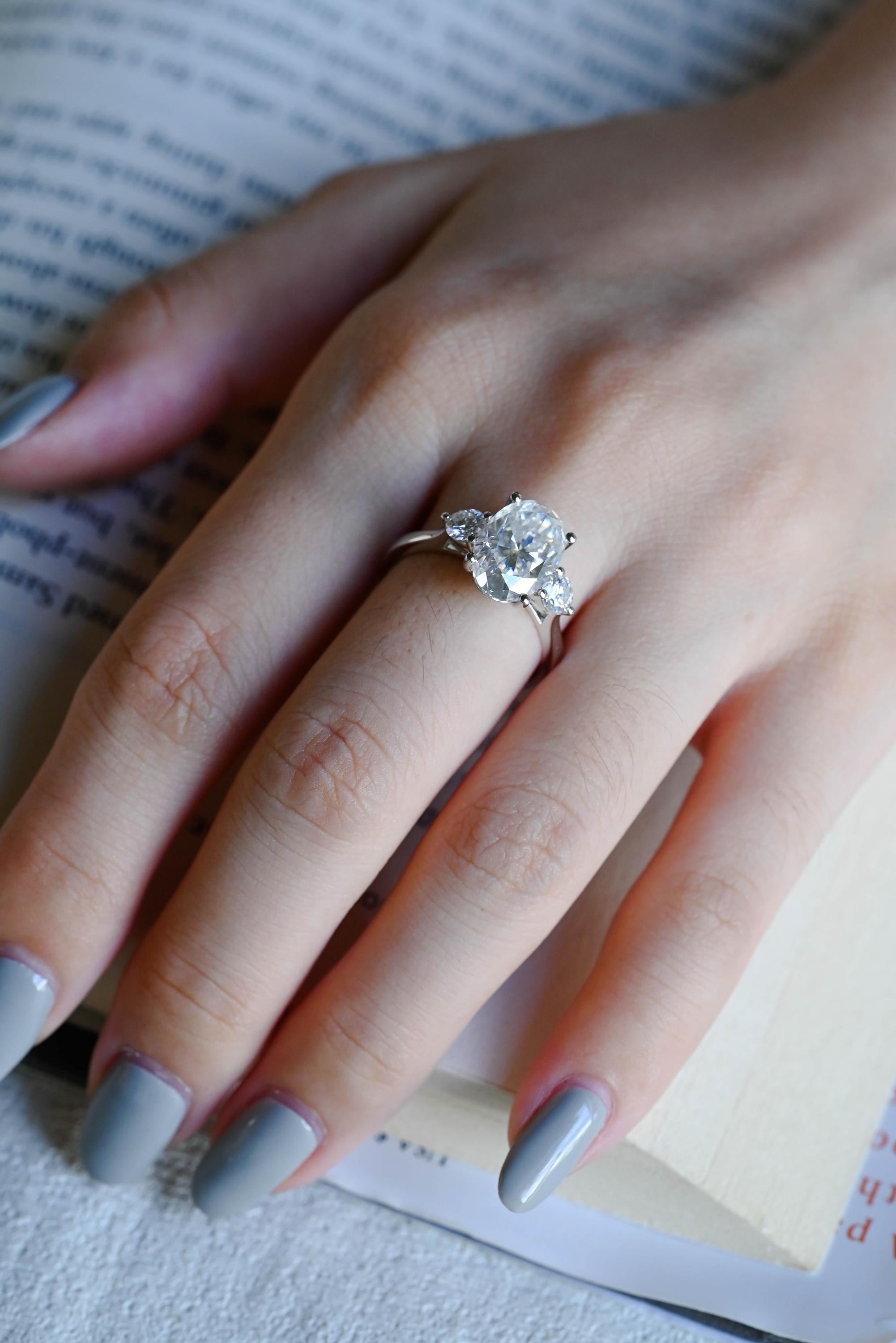 Solid Gold Three Stone Oval Moissanite Engagement Ring, Anniversary Gift Birthday Gift for Women