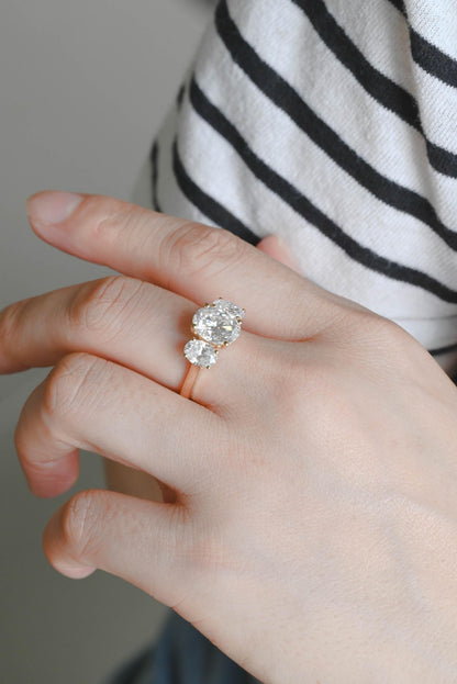 Solid Gold Three Stone Oval Moissanite Engagement Ring, Anniversary Gift Birthday Gift for Women
