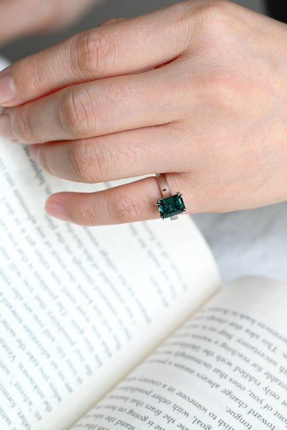 3mm Wide Solid Gold Lab Grown Emerald Engagement Ring, Proposal Ring, Promise Ring, Wedding Ring, Anniversary Gift Birthday Gift for Women