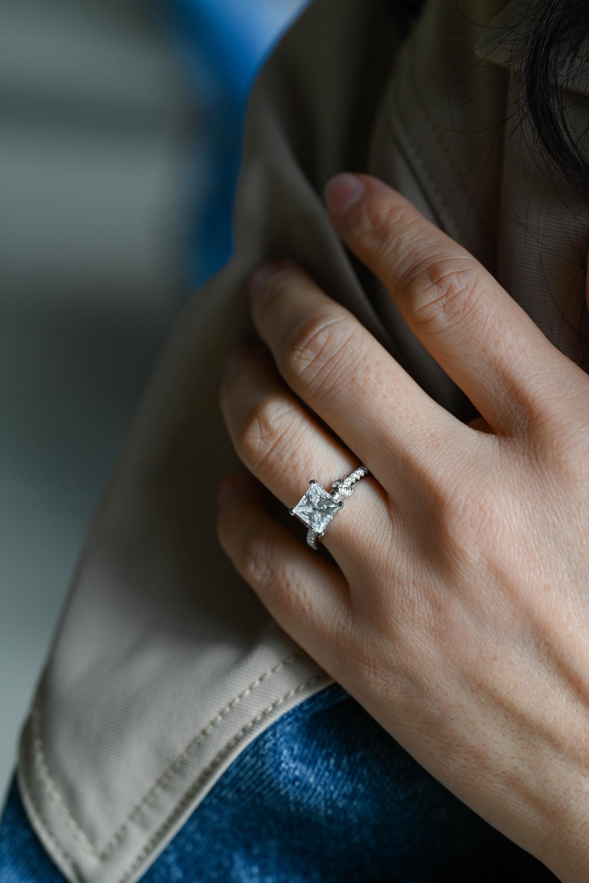Solid Gold Princess Cut Moissanite Engagement Ring, Anniversary Gift Birthday Gift for Women Wife