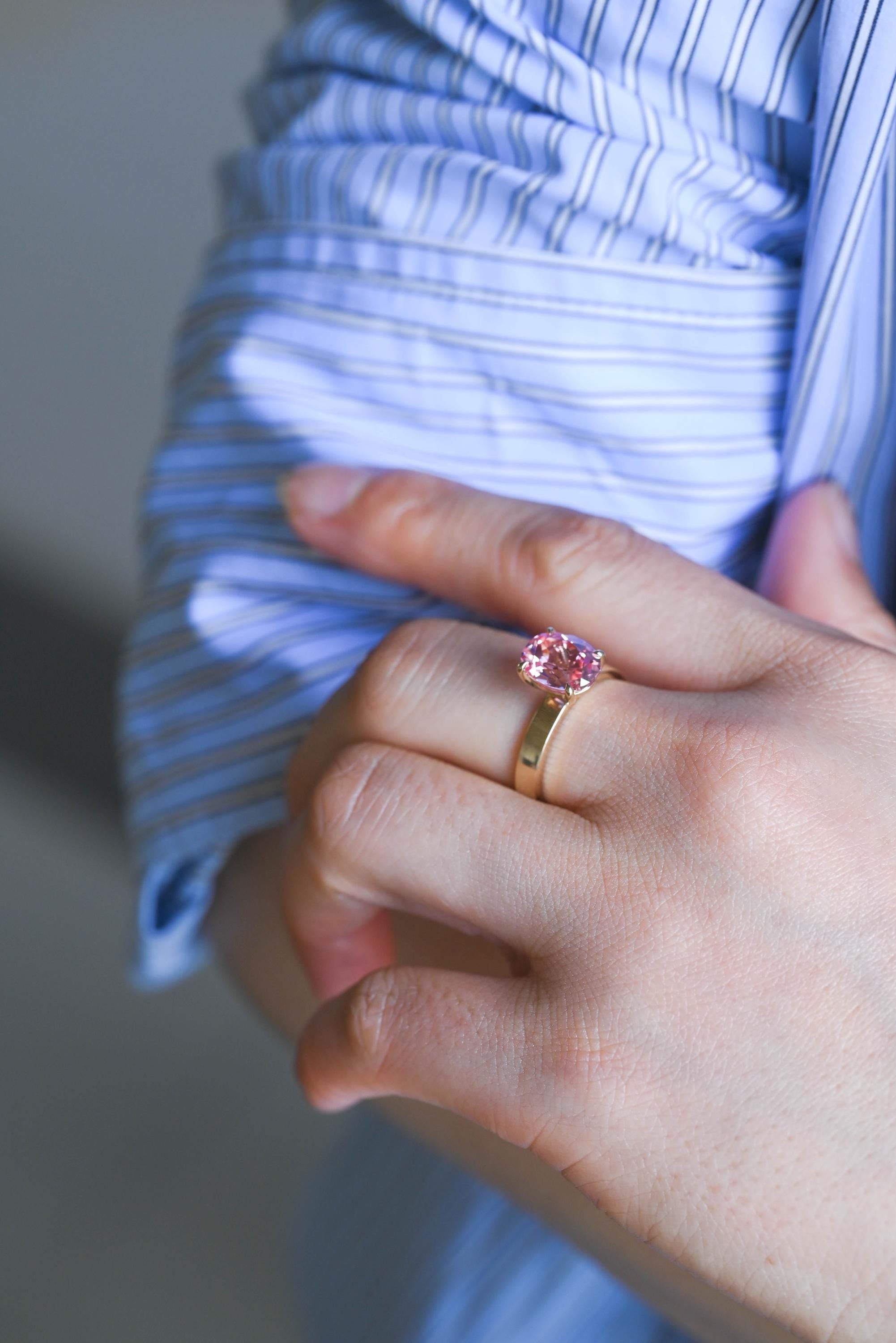 Solid Gold Oval Cut Solitaire Lab Grown Pink Sapphire Engagement Ring, 3mm Wide Proposal Ring