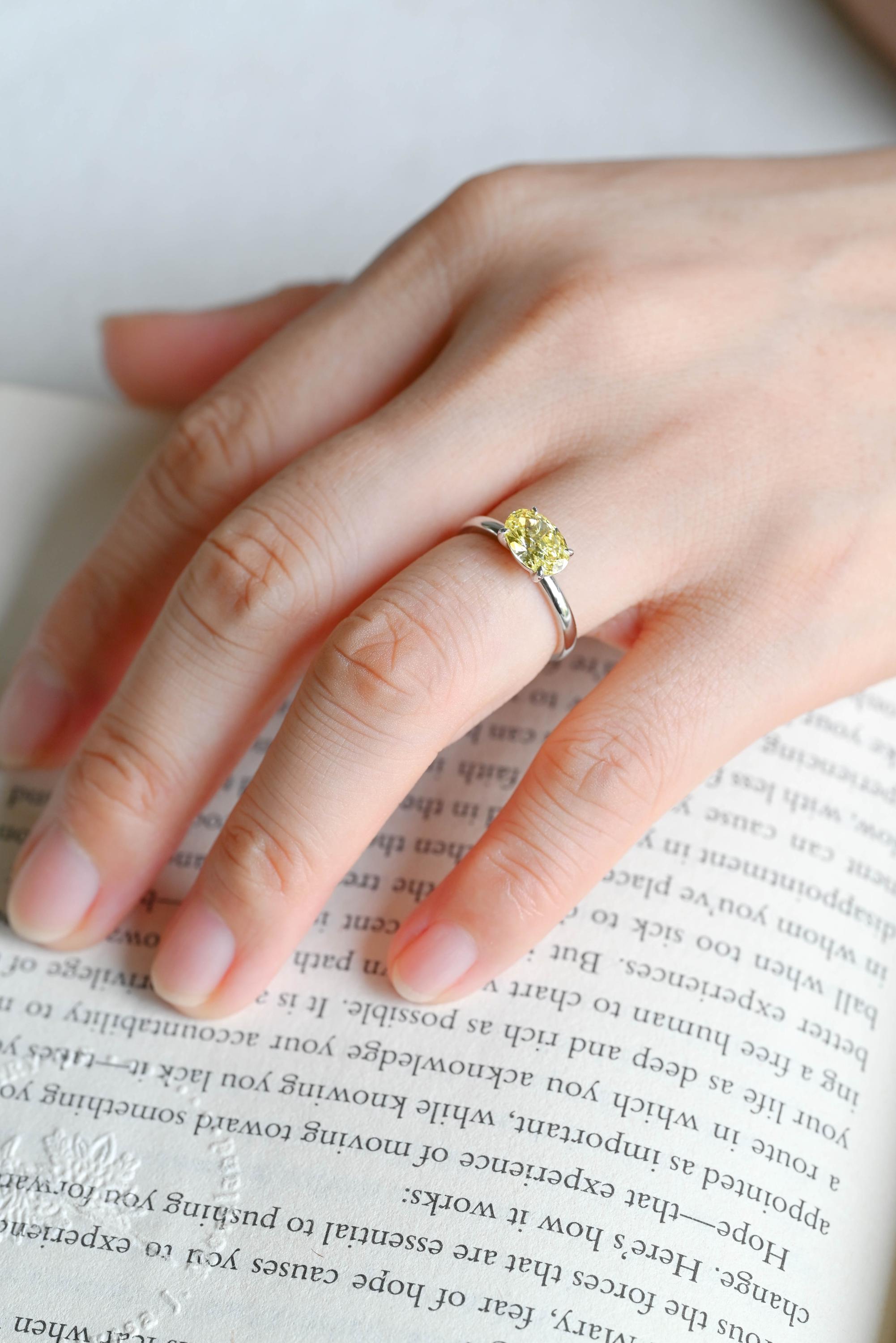 Solid Gold Oval Cut Solitaire Yellow Moissanite Engagement Ring, Gift for Women
