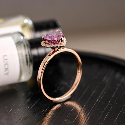 Heart Cut Pink Moissanite Engagement Ring, Unique Halo Heart Cut Wedding Ring