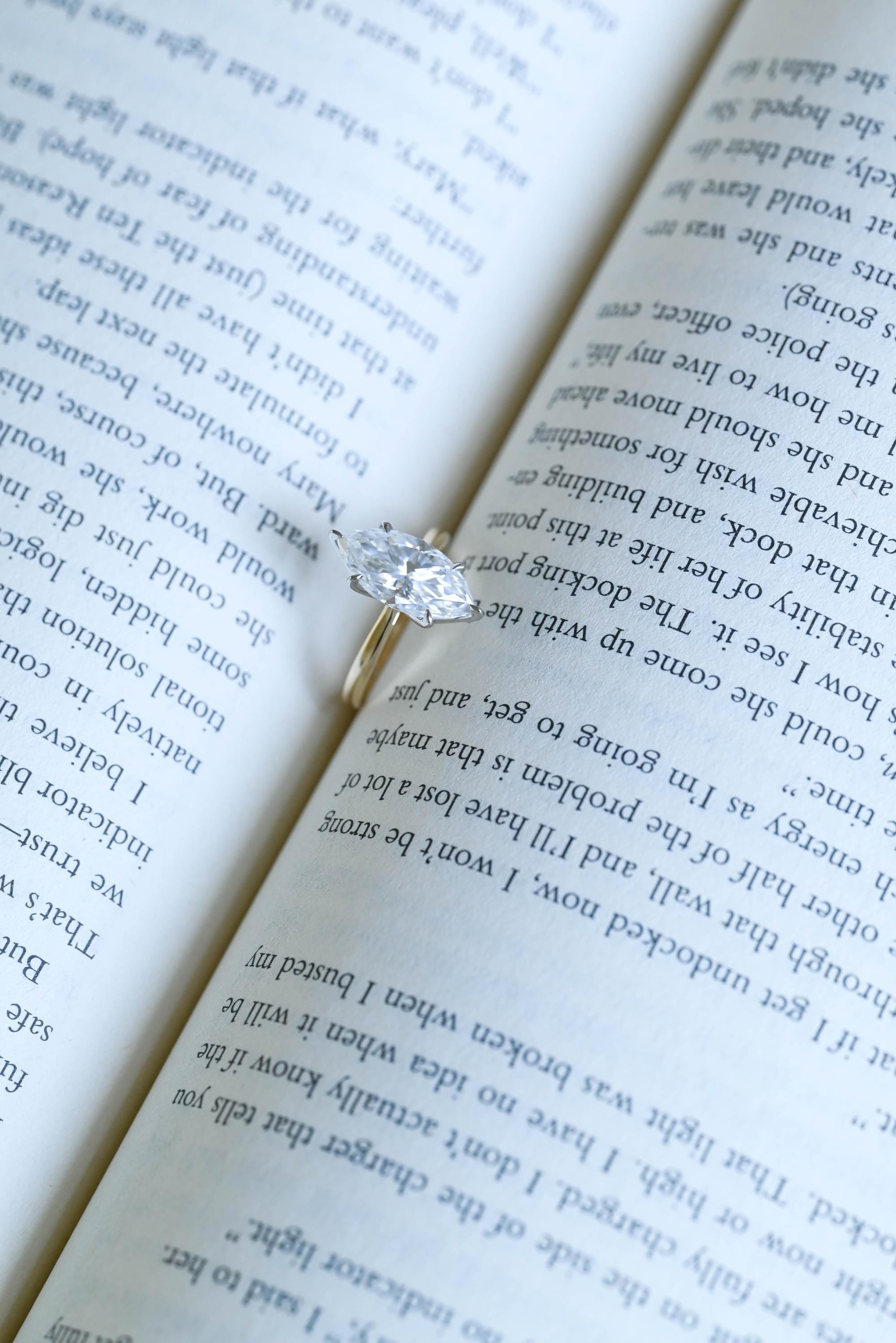Two Tone Tulip Setting Marquise Moissanite Ring, Solid Gold Engagement Ring