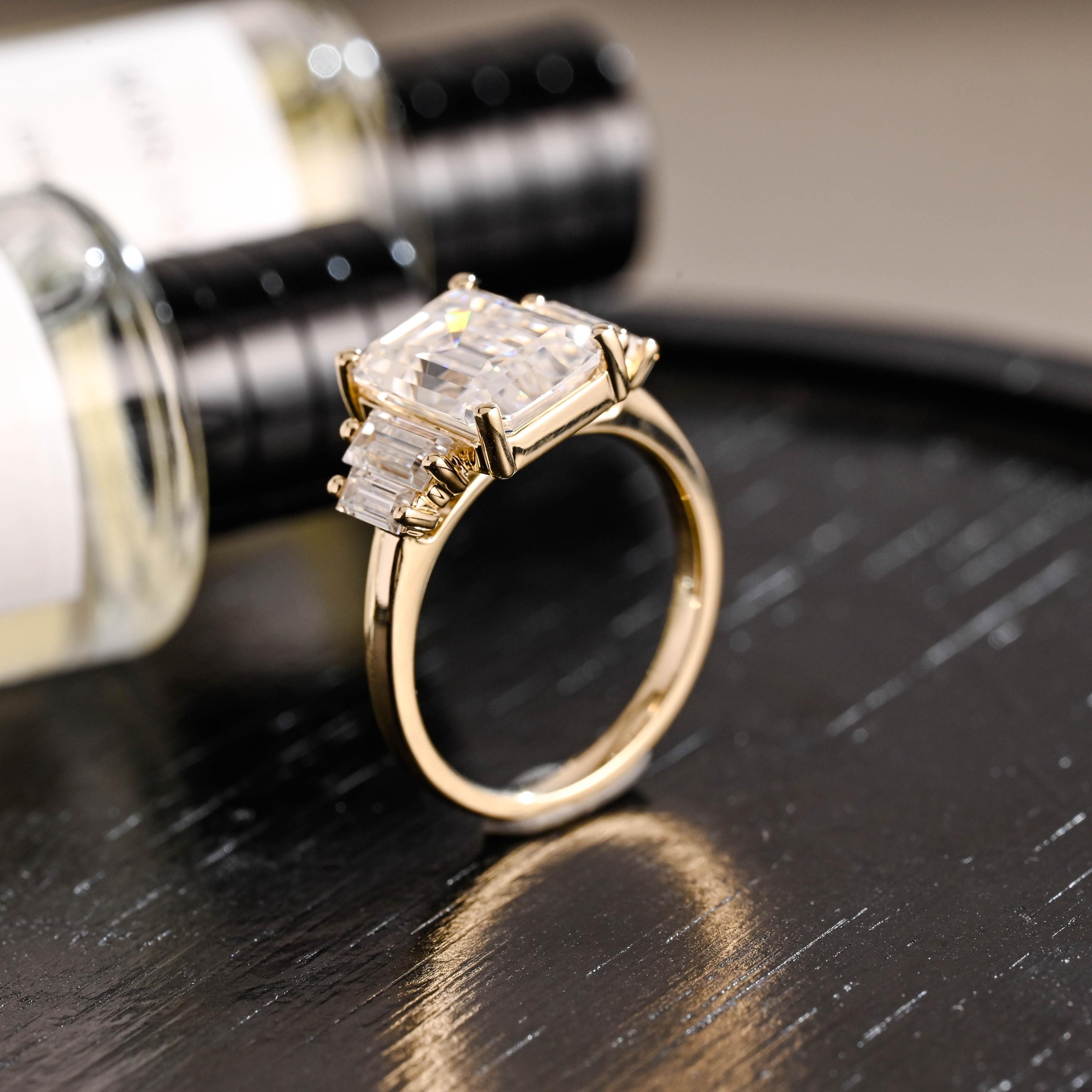 Solid Gold Emerald Cut Moissanite Engagement Ring, Proposal Ring, Promise Ring, Wedding Ring, Anniversary Gift Birthday Gift for Women