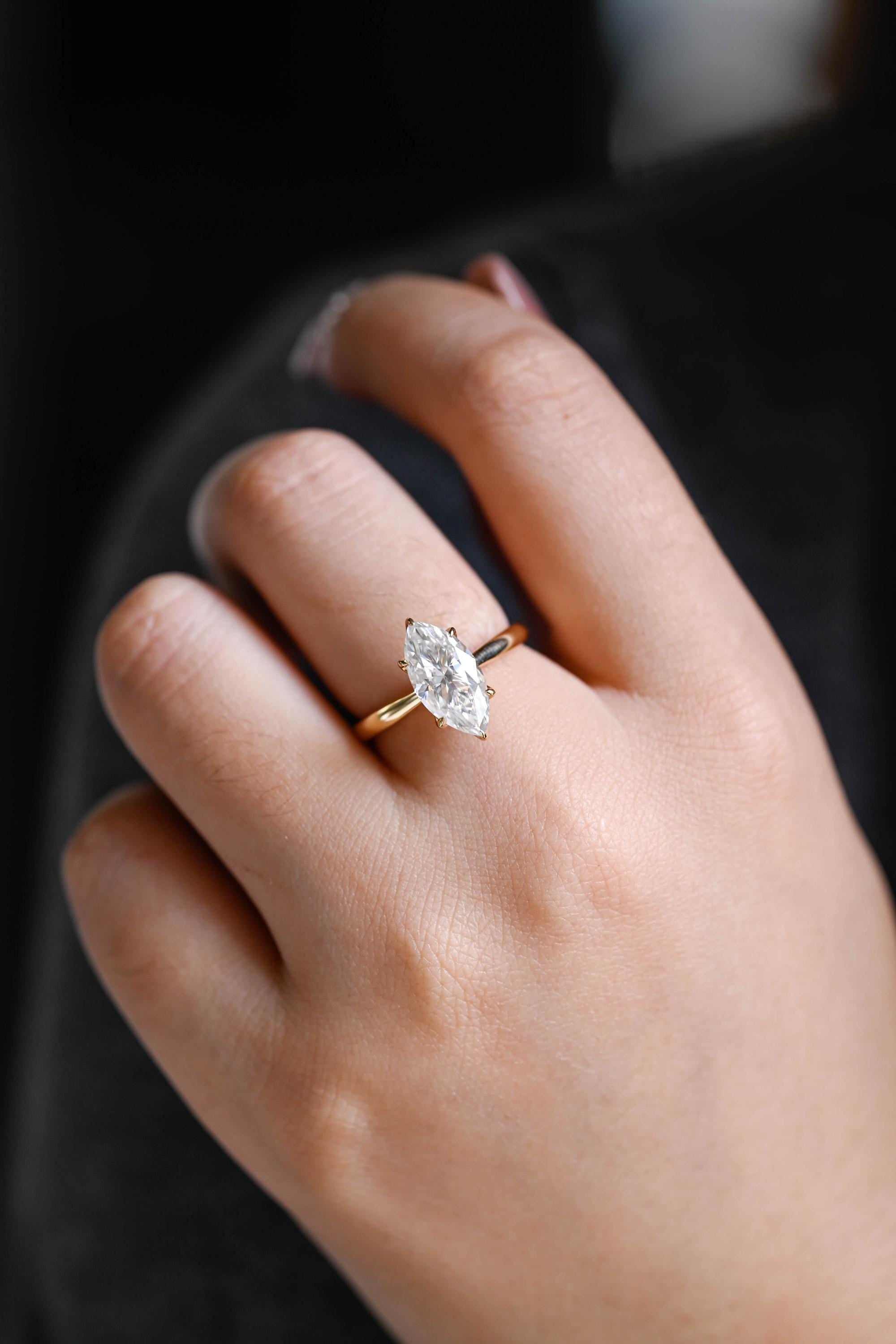 Tulip Set Solitaire Marquise Cut Moissanite Engagement Ring, Solid Gold Cathedral Setting Ring