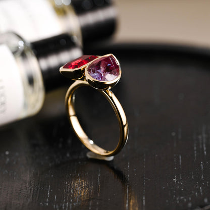 Solid Gold Emerald Cut Lab Grown Ruby & Pear Lab Grown Alexandrite Toi et Moi Engagement Ring