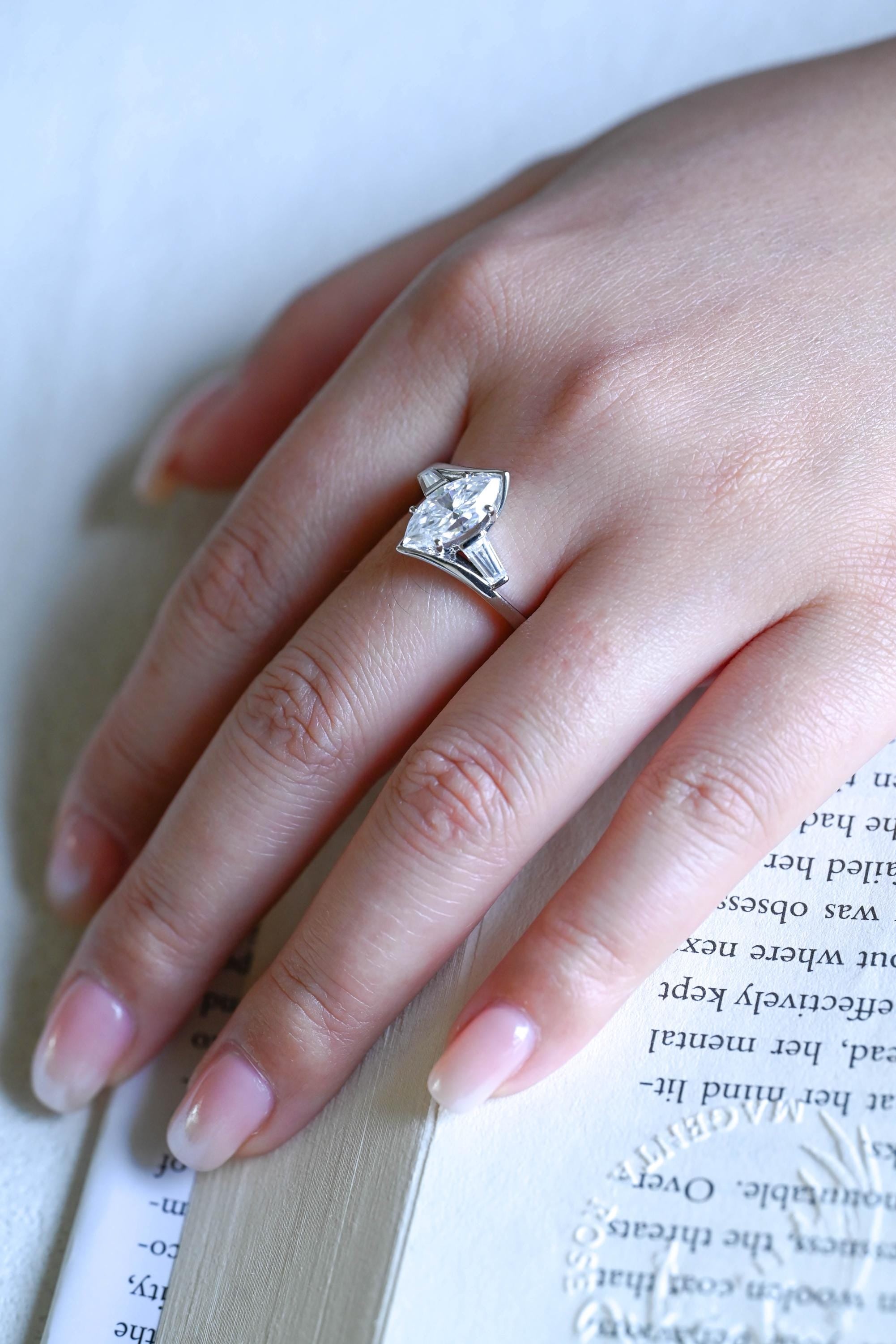 Solid Gold Bypass Marquise Moissanite Ring, Trapezoid Accent Stones, Statement Ring