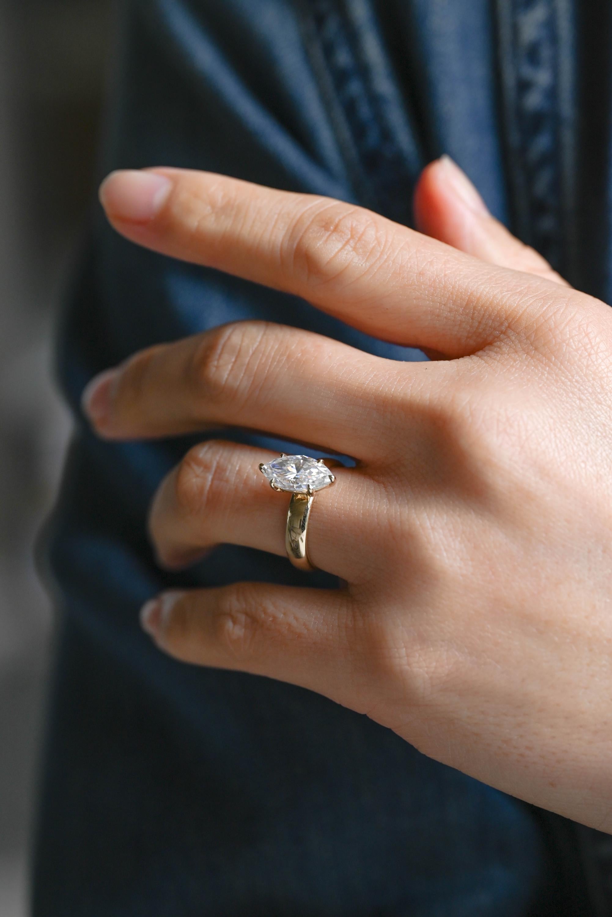 Solid Gold Marquise Moissanite Engagement Ring, 4mm Width Anniversary Ring