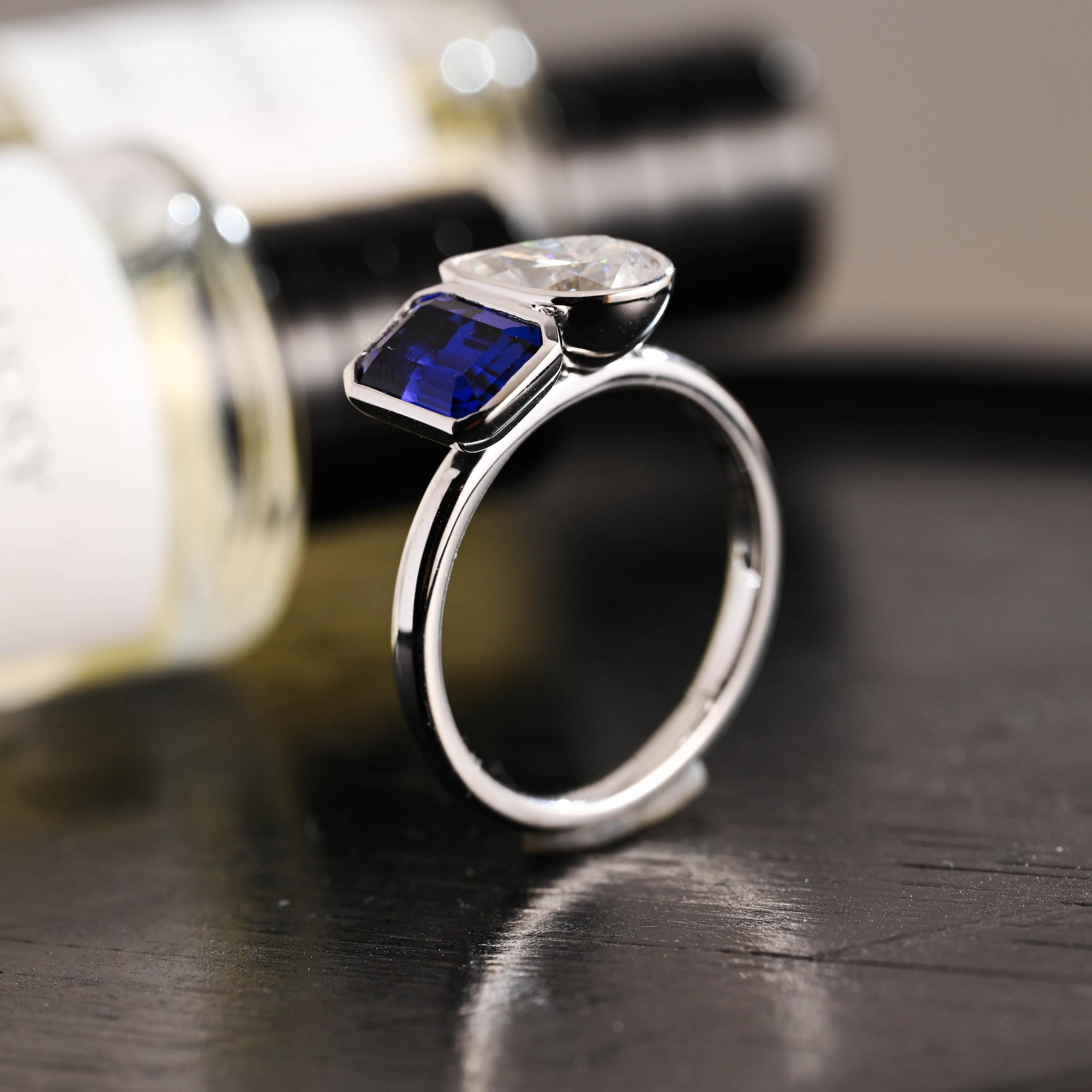 Bezel Solid Gold Emerald Cut Lab Grown Sapphire & Pear Cut Moissanite Toi et Moi Engagement Ring