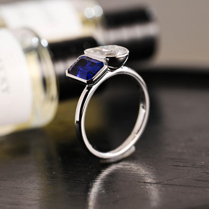 Bezel Solid Gold Emerald Cut Lab Grown Sapphire & Pear Cut Moissanite Toi et Moi Engagement Ring
